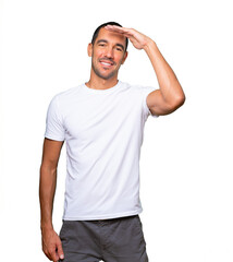 Happy young man with a gesture of looking away