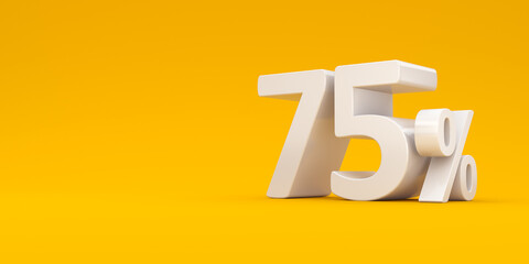 Seventy five percent on a yellow background. 3d rendering illustration. Illustration for business projects. Discount.