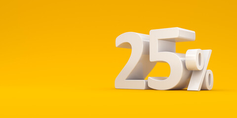 Twenty five percent on a yellow background. 3d rendering illustration. Illustration for business projects. Discount.