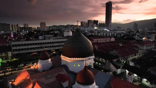 Aerial, Kapitan Keling Mosque in George Town, Penang Island Malaysia during sunset