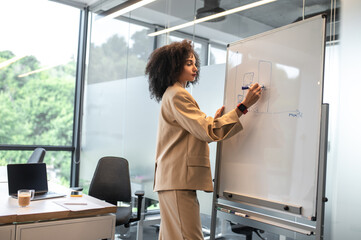 Curly-haired woman in beige suit writing something on the white board