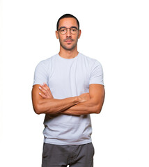 Hesitant young man looking up gesture