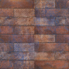 Old brown gray rusty vintage worn geometric shabby mosaic ornate patchwork motif porcelain...