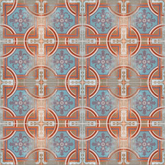 Old blue red worn vintage retro shabby patchwork mosaic motif tiles stone concrete cement ceramic wall texture background square seamless pattern, with circular circle print