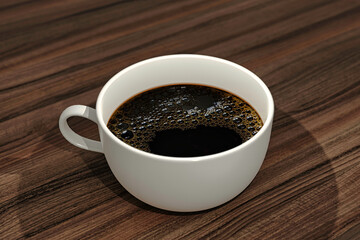 3d rendered illustration of cup of coffee close up on table.
