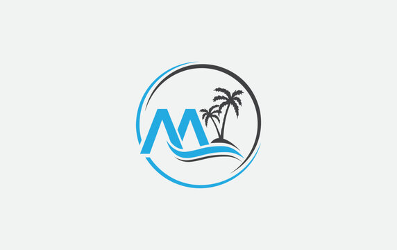 Water wave circle logo and ocean beach palm tree vector logo letters