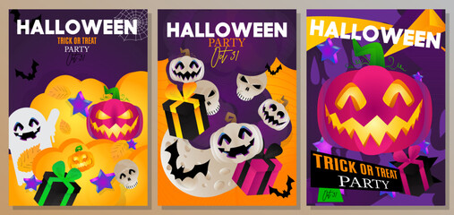 Happy Halloween party posters set, invitations, greeting cards. Vector illustration night clouds and pumpkins, ghost, moon, spiders web, bat. Template for advertising, web, social media.