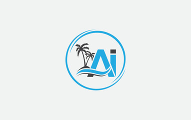 Water wave circle logo and ocean beach palm tree vector logo letters