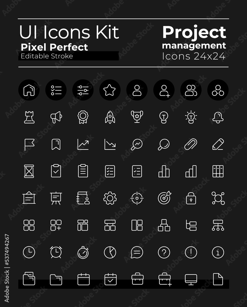 Poster project management pixel perfect white linear ui icons kit for dark theme. isolated user interface s