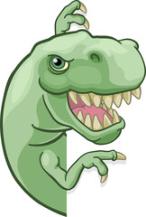 Dinosaur T Rex Peeking and Pointing Sign Cartoon