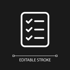 Checklist of tasks pixel perfect white linear ui icon for dark theme. Project management. Vector line pictogram. Isolated user interface symbol for night mode. Editable stroke. Poppins font used