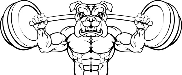 Bulldog Mascot Weight Lifting Body Builder - obrazy, fototapety, plakaty