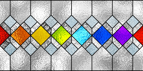 Stained glass window. Seamless geometric colorful pattern.  Abstract modern stained-glass Art Deco decor for luxury design interior. Multicolor stained-glass background. Template for design.