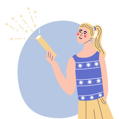 Happy young woman at celebration party. Birthday or New Year eve. Vector flat illustration, isolated on a white background