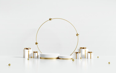 3D rendering white and gold product display stands with gift boxes on white background.