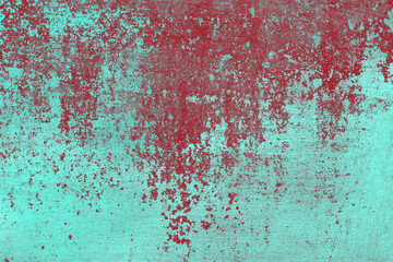 Red and turquoise old peeling paint texture. Aged shabby painted surface abstract grunge background