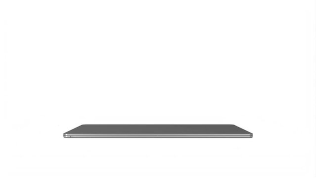 Modern laptop with empty green screen isolated on white background, camera zooming in - 3D 4K animation