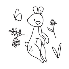 Cute hare in doodle style. Vector illustration isolated on white background for nursery and textile decoration