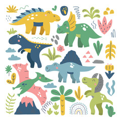 Set with cute dinosaurs. Vector isolated on white background, perfect for nursery decoration, holiday decor, posters and textiles.