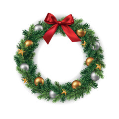 Vector realistic christmas wreath with gold and silver baubles and red ribbon, decorative round frame isolated on white background © Kateina