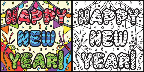 Happy New Year Banner Coloring Page Illustration