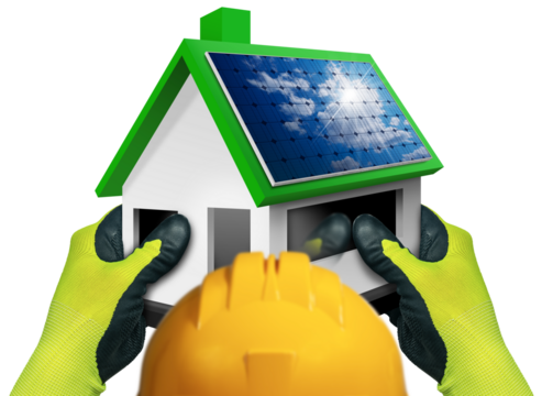 Construction worker with protective work gloves and orange hard hat holding a small model house with solar panels on the roof. Isolated on white or transparent background. Renewable energy, png.
