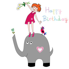 Felicitación de cumpleaños con elefante y niña feliz.