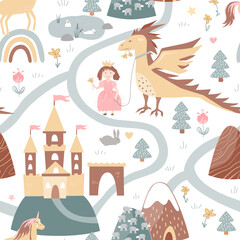 Princess, unicorn, dragon, and fairy castle on the hill. Cartoon nursery background. Vector seamless pattern