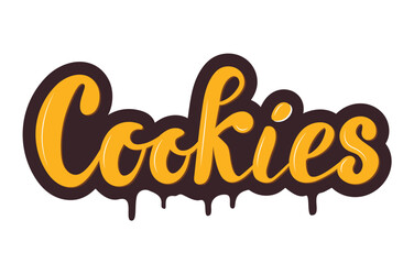 Cookies brand  logo , yellow letters on melted chocolate drop, a cookie with  hand lettering,  vector illustration. Logo. Bitten cookie. Cartoon Style for a card, packaging, Banner, Flyer, Sticker.