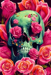 Human skull and roses flowers - Halloween theme or celebration of the dead. Colorful vintage vibe gouache watercolor art skeleton portrait with a creepy teeth grin. 