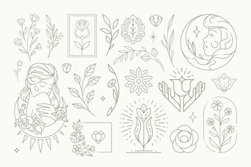 Contoured simple logo botanical flower set vector illustration. Monochrome line art deco blossom