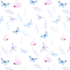 Watercolor minimalistic pattern of tender blue and pink butterflies with delicate leathes isolated