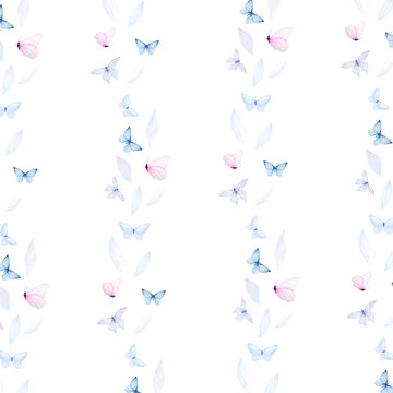 Watercolor minimalistic pattern of tender blue and pink butterflies with delicate leathes isolated