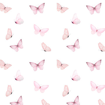 Watercolor minimalistic pattern of tender pink butterflies isolated