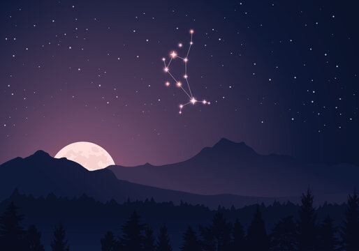 Vector Constellation Bootes on the background of the starry sky, mountains, forest and the rising moon