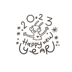 New Year card with hare. Chinese calendar symbol. Vector holiday poster. Funny animal. Cheerful rabbiti. Funny hare print. Anthropomorphic character for desing.