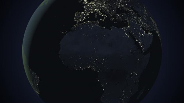 Seamless looping animation of the earth at night zooming in to the 3d map of Egypt with the capital and the biggest cites in 4K resolution
