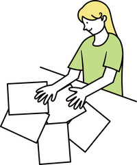 机で書類の整理をしているアジア人女性のイラスト素材