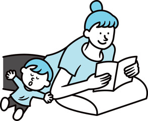 横になって読書をしている母親と寝ている子供のイラスト素材