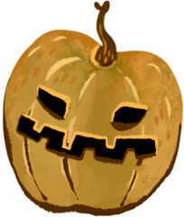 Orange grunge Halloween Pumpkin with scary face, hand-drawn illustration, PNG with transparent background for holiday design, food - 537499403