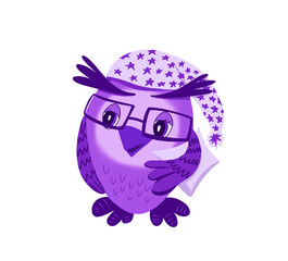 Illustration of a sleepy owl in a hood and with a pillow in monochrome purple colors. Cute bird for children's postcards, stickers, posters.