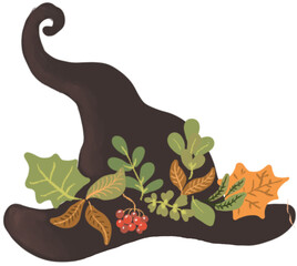Witch hat with autumn leaves hand-drawn illustration, PNG with transparent background for holiday design
- 537499417