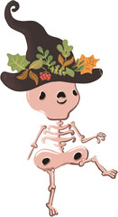 Skeleton with a smile in a witch hat and autumn leaves, decor for Halloween - 537499429