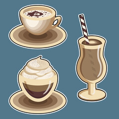 Cups with coffee and cappuccino on blue background design