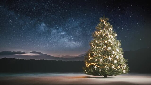 Christmas Tree Against the Night Sky. Christmas tree with copy space. Christmas tree at the night. 3d animation