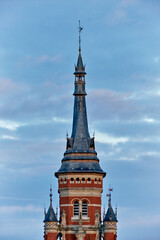 sunset on the belfry of the Dunkirk city hall, France