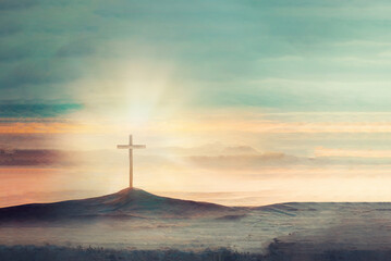 Shining cross on Calvary hill, sunrise, sunset sky background. Copy space. Ascension day concept. Christian Easter. Faith in Jesus Christ. Christianity. Church worship, salvation concept. 