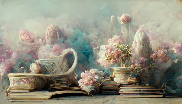 English Afternoon Tea with book and flower, pastel color. Antique baroque vintage style. Ai digital art illustration