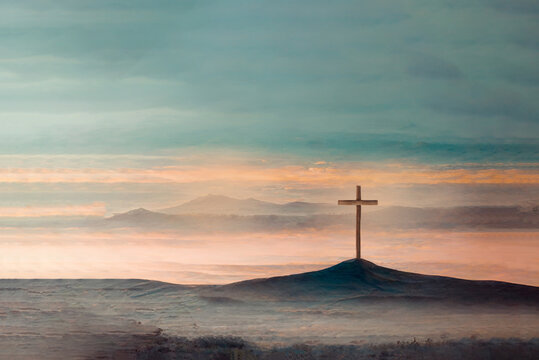 Shining cross on Calvary hill, sunrise, sunset sky background. Copy space. Ascension day concept. Christian Easter. Faith in Jesus Christ. Christianity. Church worship, salvation concept. 