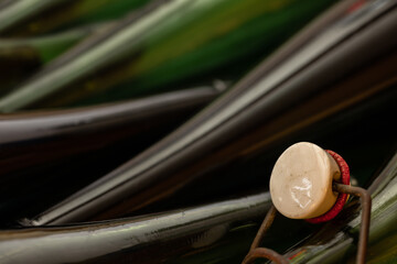 Very old glass bottles in green brown colors with swing stopper